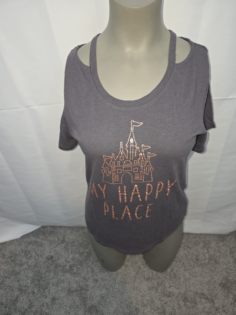 Disney Women's Gray Short Sleeve 'My Happy Place' Tee with Rose Gold Castle